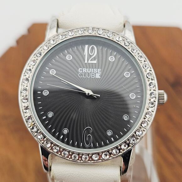 Cruise Club Women's Crystal Bezel Bling Sparkle Watch White Faux Leather Strap - Picture 2 of 6